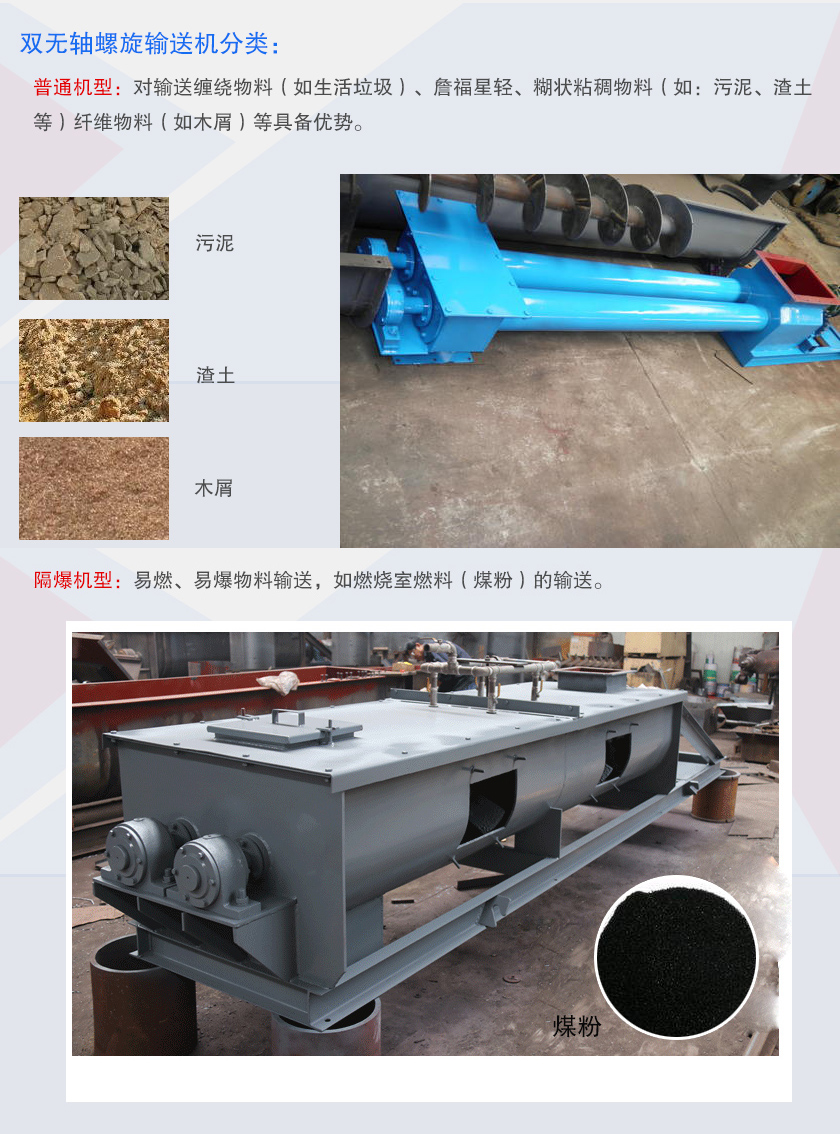 無（wú）軸雙螺旋輸送機主（zhǔ）要有普通機型和隔爆機型兩種