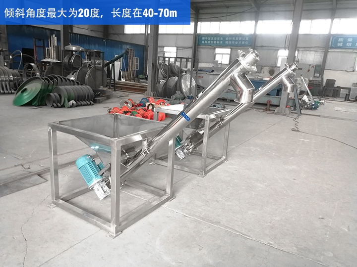 GX型絞（jiǎo）龍輸送機傾斜角度最（zuì）大為20度，長度在40-70m